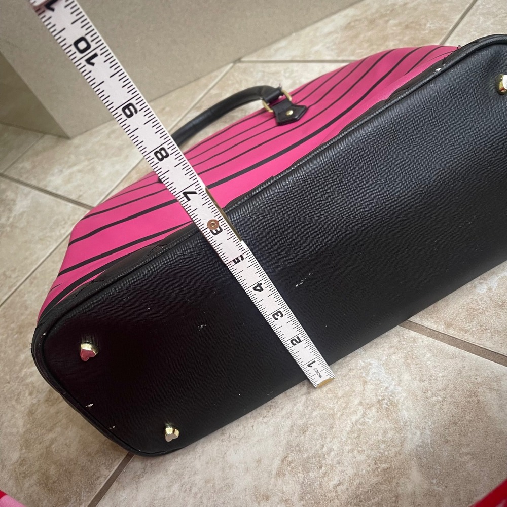 Betsey Johnson Pink Black Striped Satchel Heart Quilted Bow Pom Pom Handbag - Picture 12 of 12